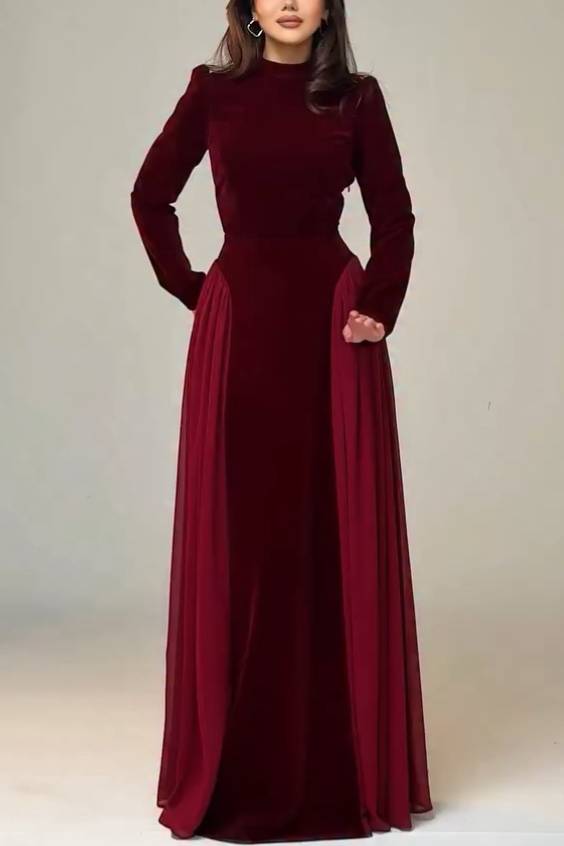 Velvet High-waisted A- Line Maxi Dress