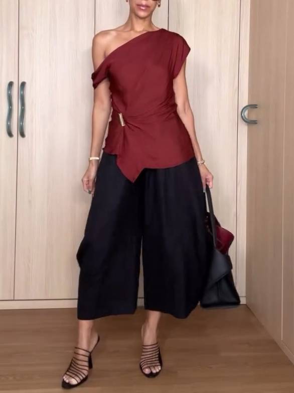 Off-shoulder Irregular Hem Shirt And Wide-leg Pants Suit - Pants