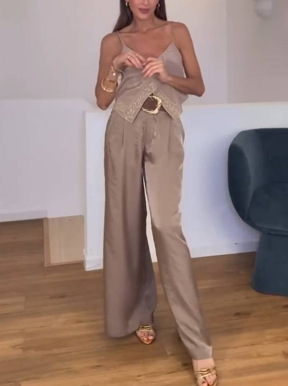 Holiday Style Camisole And Wide Leg Pants Set-Pants