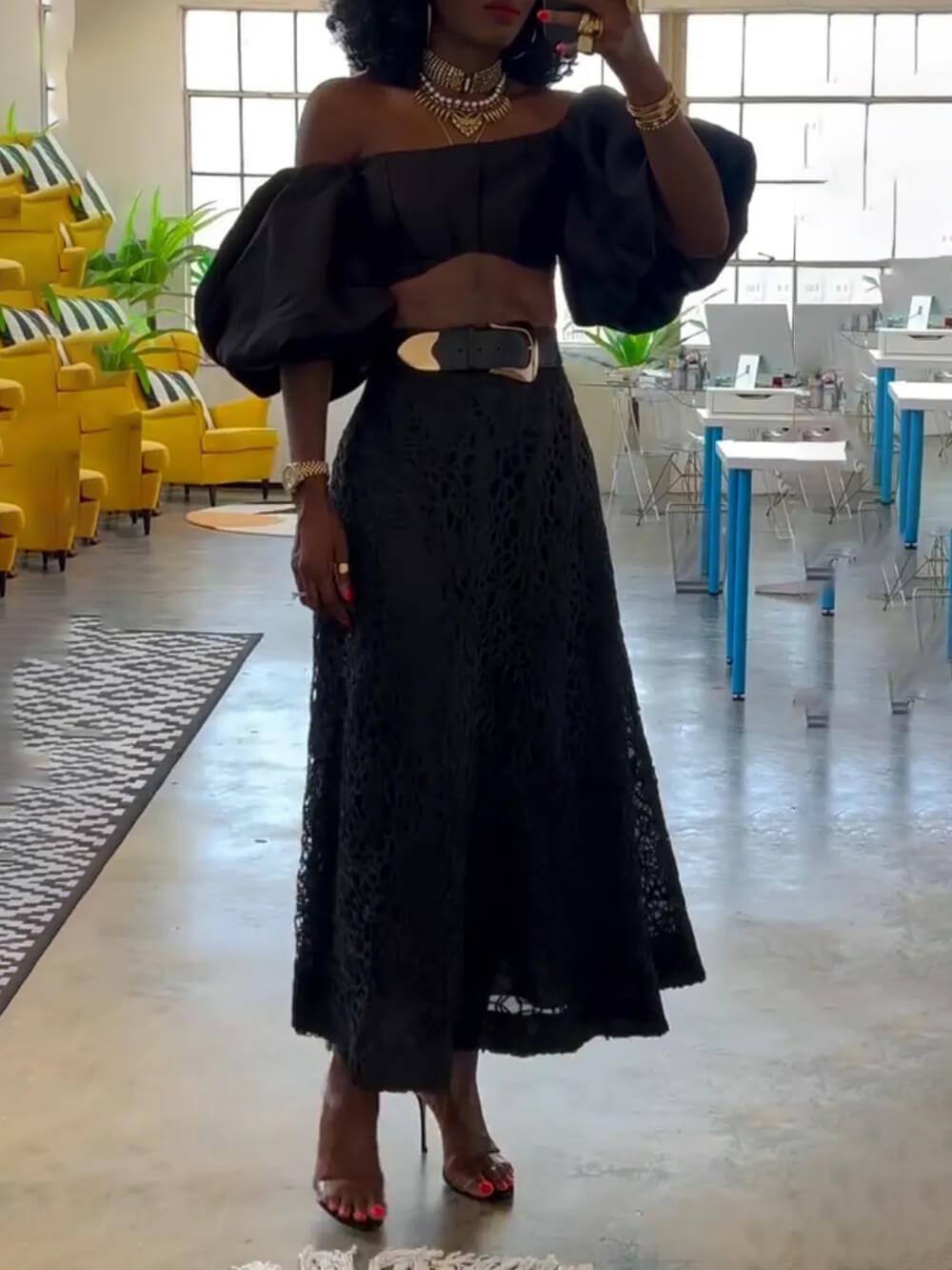 Delicate Off-Shoulder Lace Crochet Wide-Sleeve Top