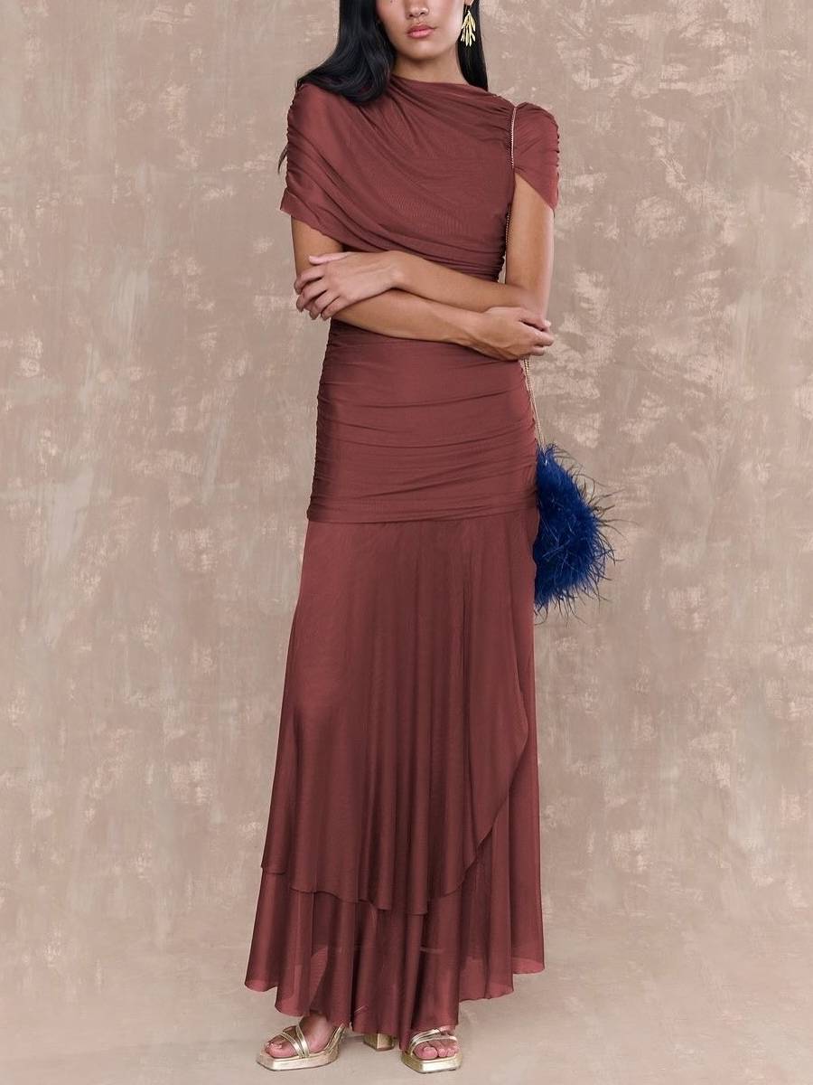 Pleated Design Irregular Hem Maxi Dress