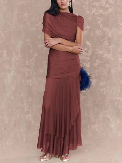 Pleated Design Irregular Hem Maxi Dress