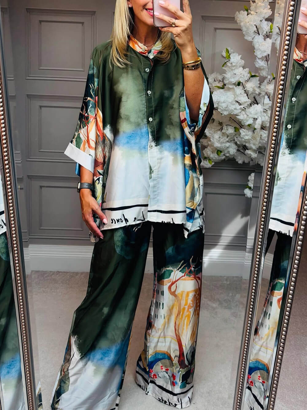 Unique Satin Roman Print Batwing Sleeve Button Shirt