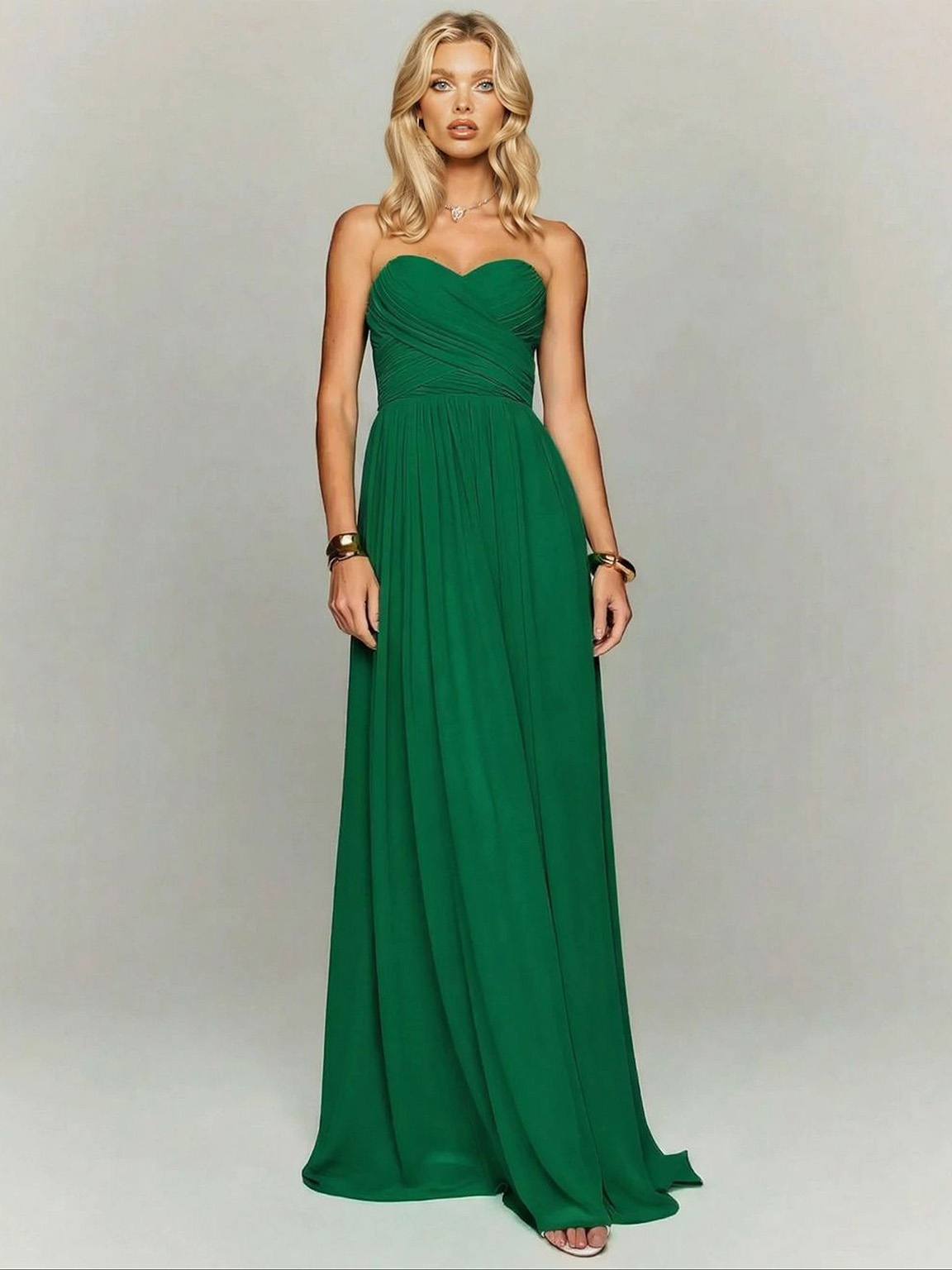 Elegant Strapless Ruched Maxi Dress With Flowing Cape