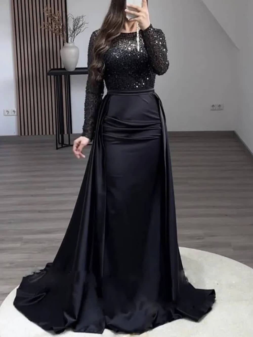 Exquisite Black Sparkling Rhinestone Sheer Tulle Sleeve Party Maxi Dress