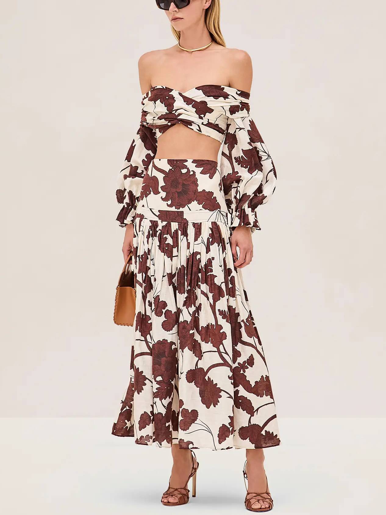 Printed Off-shoulder Top And Skirt Suit