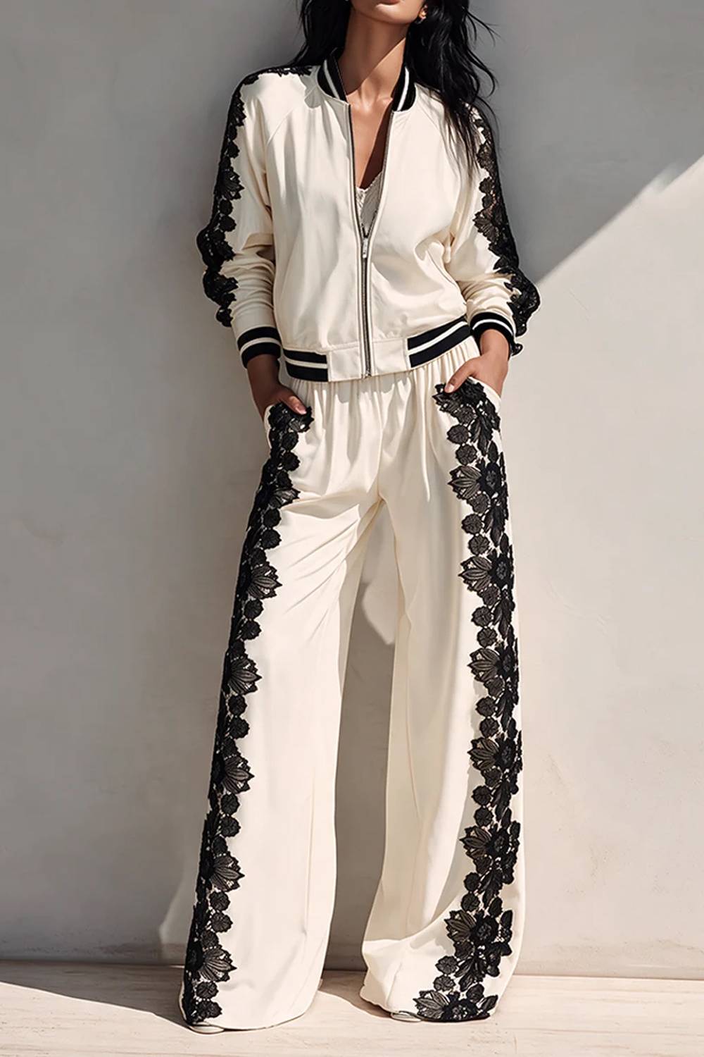 Ribbed Collar Zip‑Up Lace Splice Jacket & Elastic Waist Wide Leg Pants Two‑Piece Set