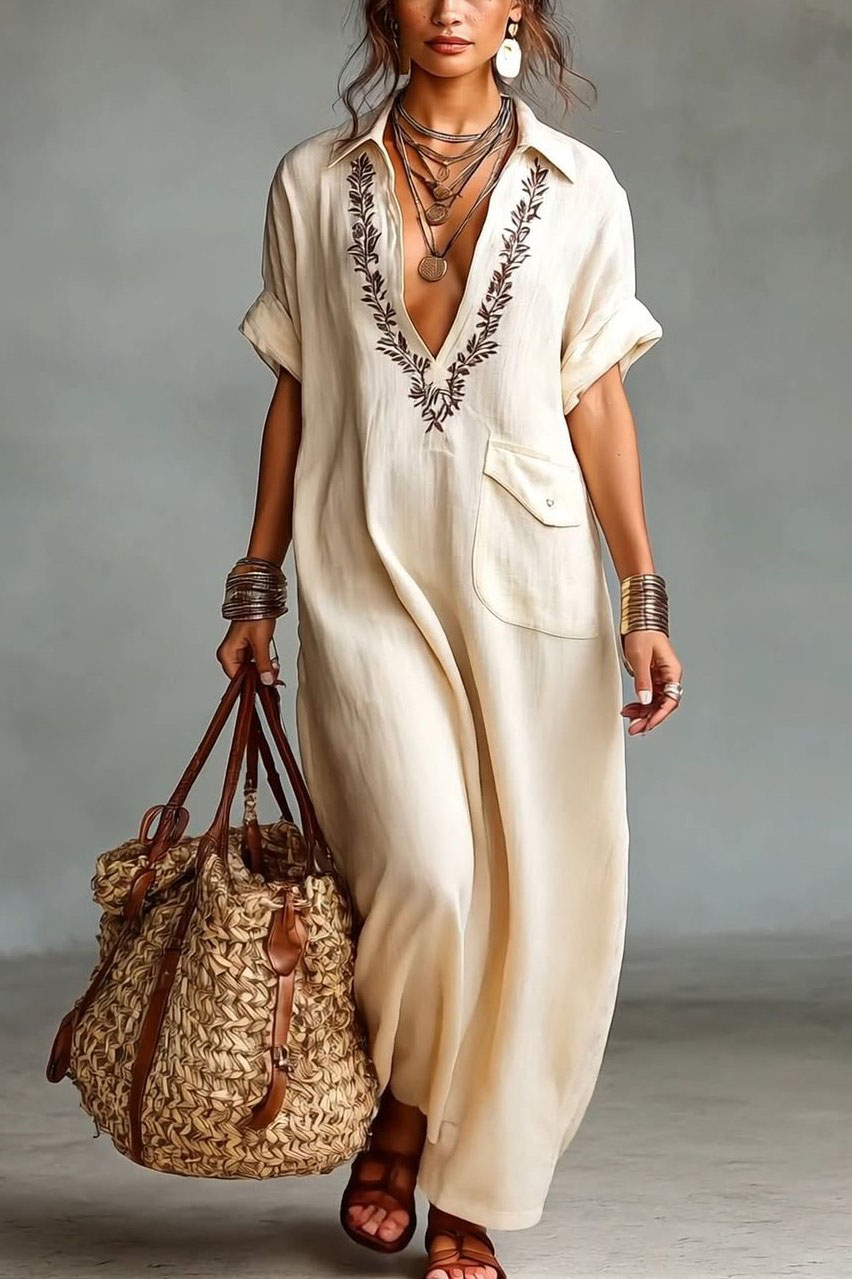 V-Neck Embroidered Maxi Dress