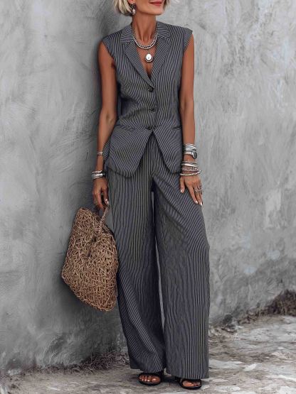 Minimalist Slim Fit Striped Vest Two-Piece Set