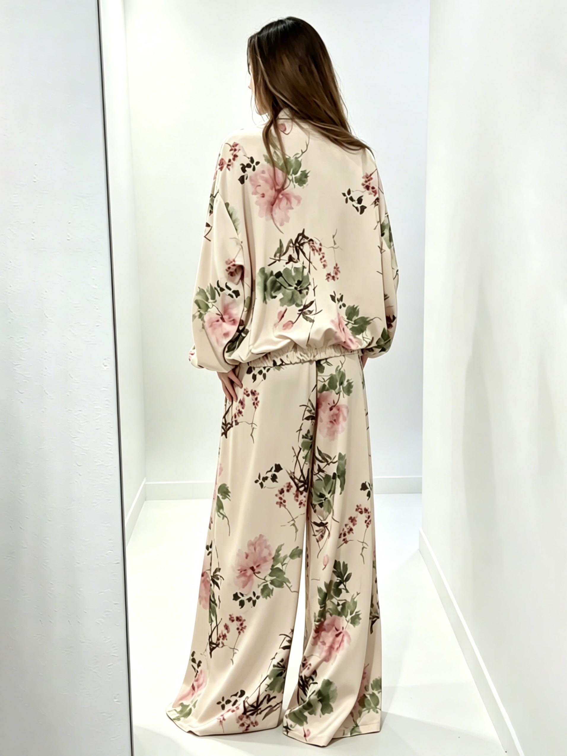 Elegant Floral Satin Zip-Up Jacket & Pants Two-Piece Set