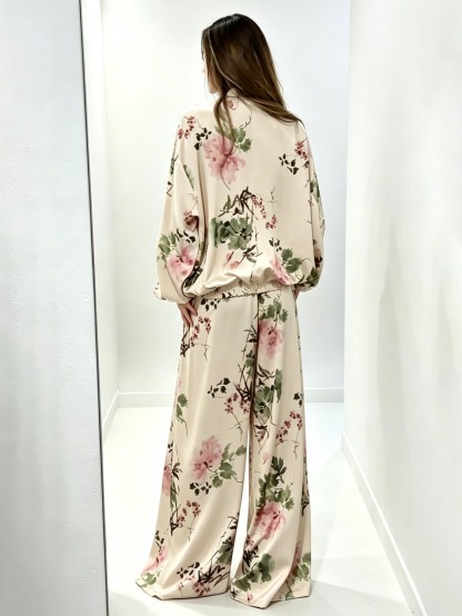 Elegant Floral Satin Zip-Up Jacket & Pants Two-Piece Set