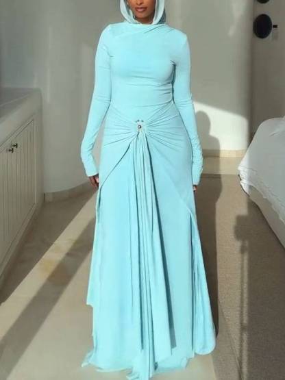 Metal Buckle Design Long Sleeve Maxi Dress