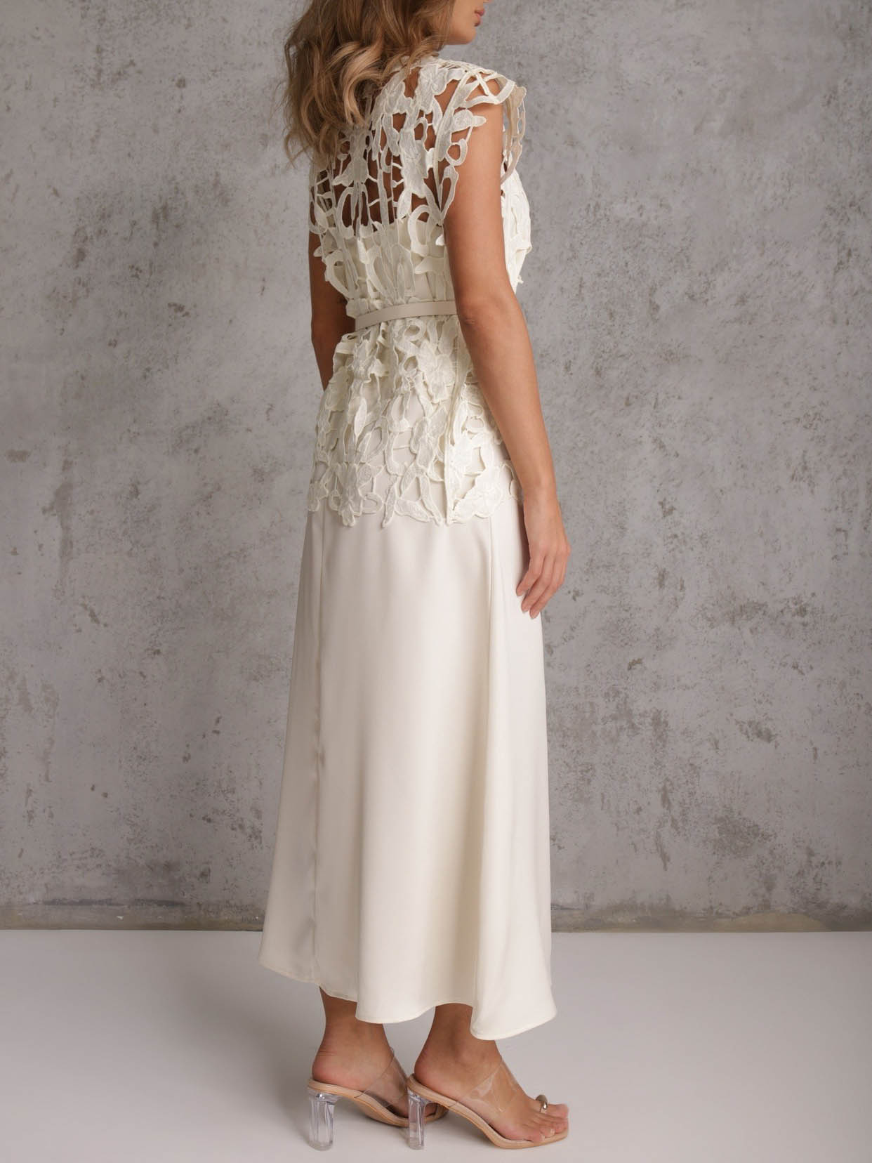 Elegant Cutout Lace Top & Satin Dress Two-Piece Set