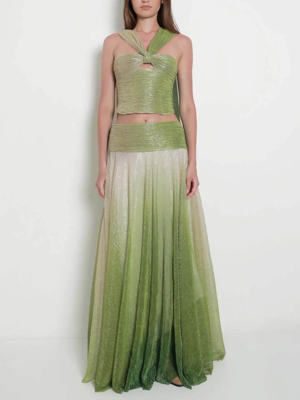 Elegant Ombre Printed One-Shoulder Cutout Top and High-Waisted A-Line Skirt Set