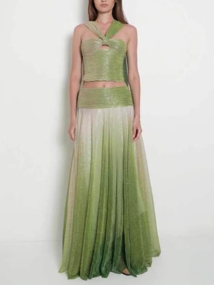 Elegant Ombre Printed One-Shoulder Cutout Top and High-Waisted A-Line Skirt Set