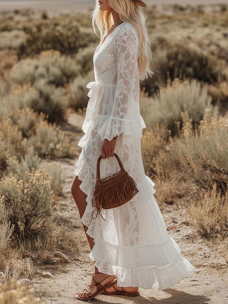 Elegant Long Sleeve Ruffle Lace Maxi Dress