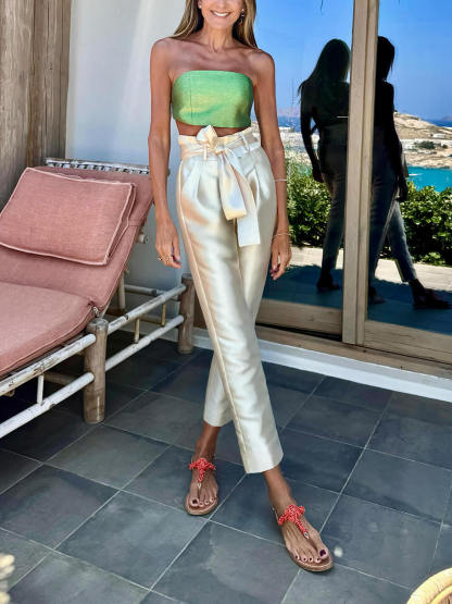 Exquisite Hollow Bandeau Tie-Back Vest Top Ruched High-Waisted Straight-Leg Pants Set