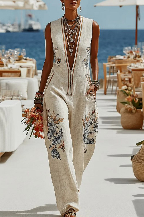 Deep V-Neck Printed Jumpsuit
