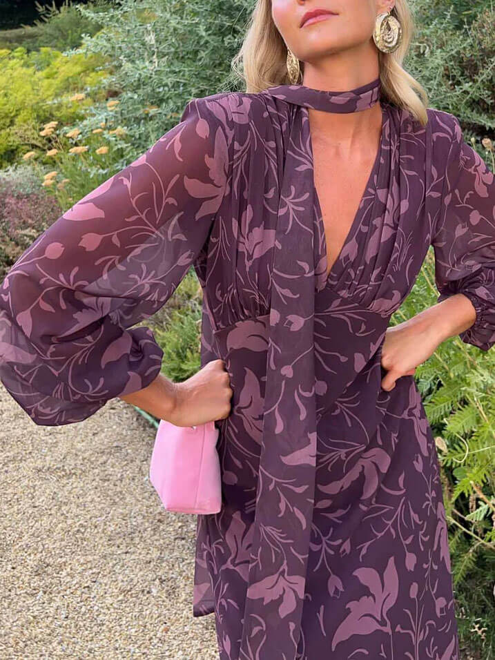 V-Neck Pleated Puff Sleeve Printed Dress