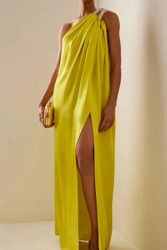 Asymmetrical-Neck Off-Shoulder A- Line Dress