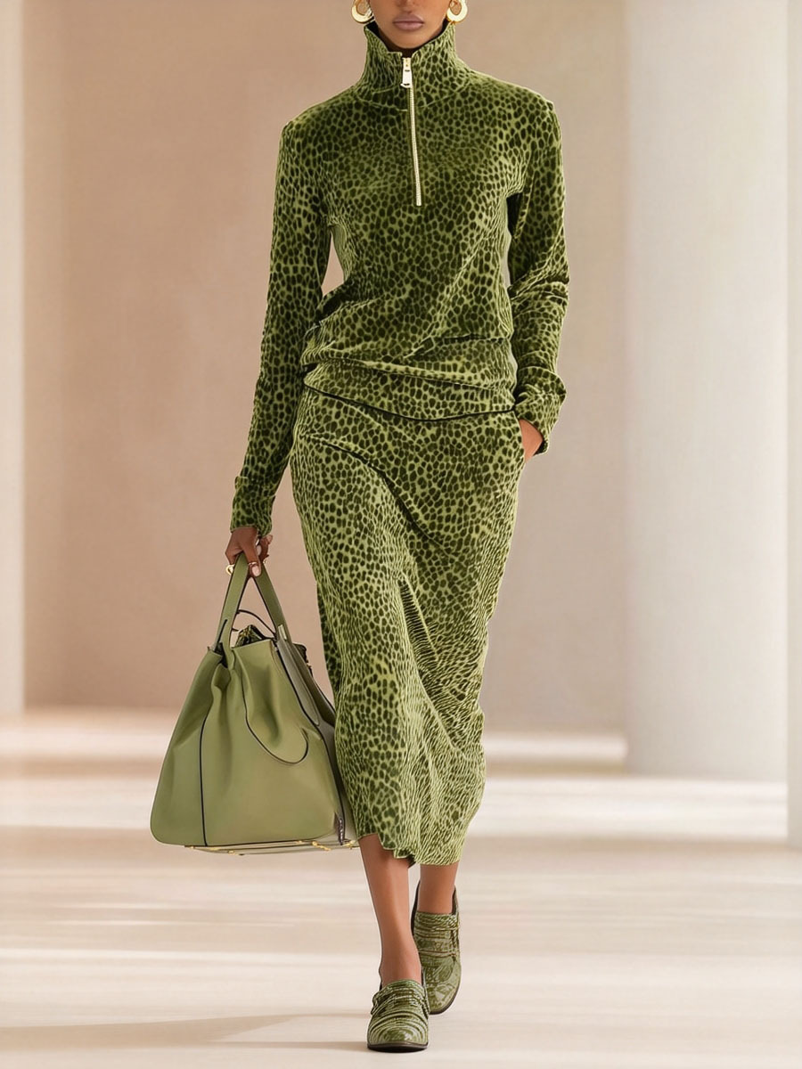 Casual Leopard-Texture Half-Zip Top & Midi Skirt Two-Piece Set