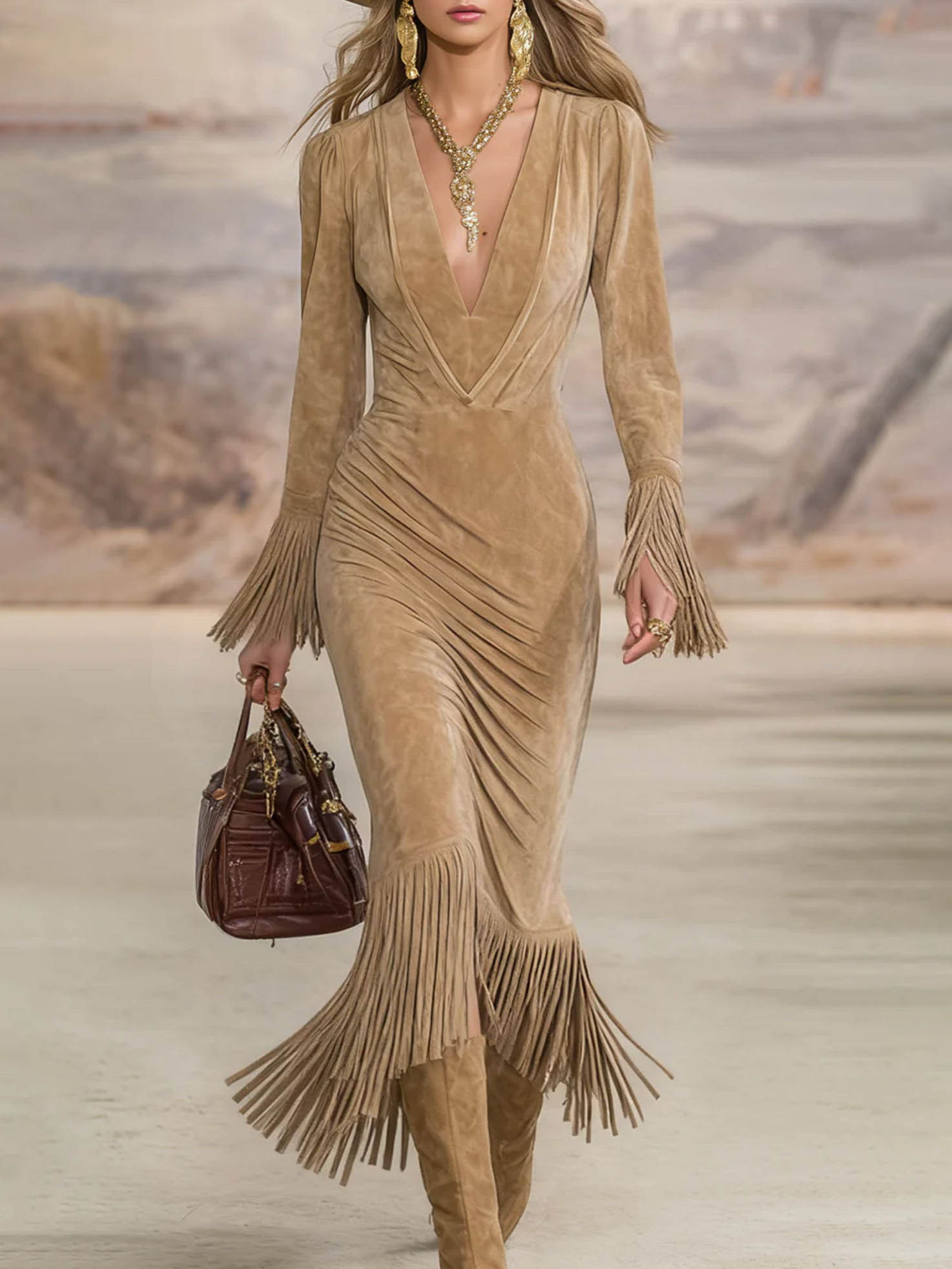 Exquisite V-neck Tassel Suede Slim-fit Midi Dress