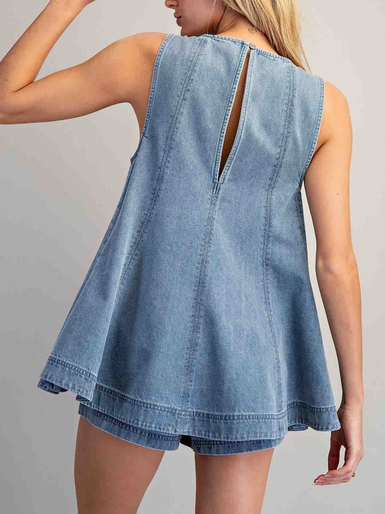 Sleeveless Denim Peplum Top And Shorts Two-Piece Set