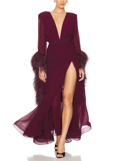 Feather Design Front Slit Maxi Dress