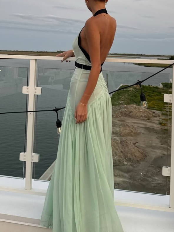 Elegant V-neck Bow Chiffon Flowing Maxi Dress