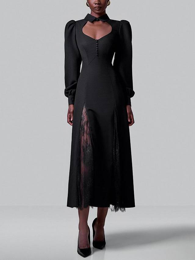 Puff-Sleeve  Lace-Splicing Maxi Dress