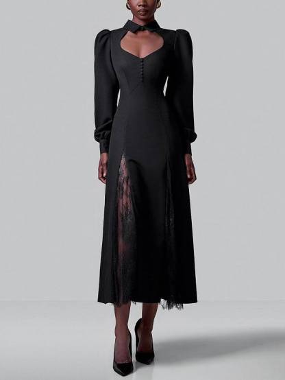 Puff-Sleeve Lace-Splicing Maxi Dress