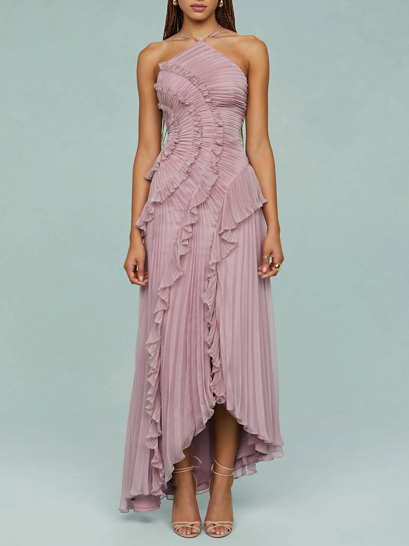 Halter Neck Pleated Backless Dress