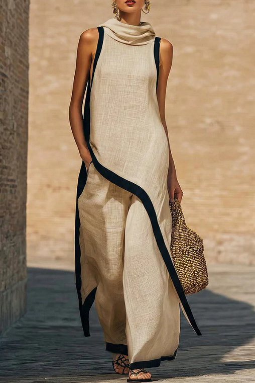 Color Contrast Design Irregular Hem Top And Wide Leg Pants Set