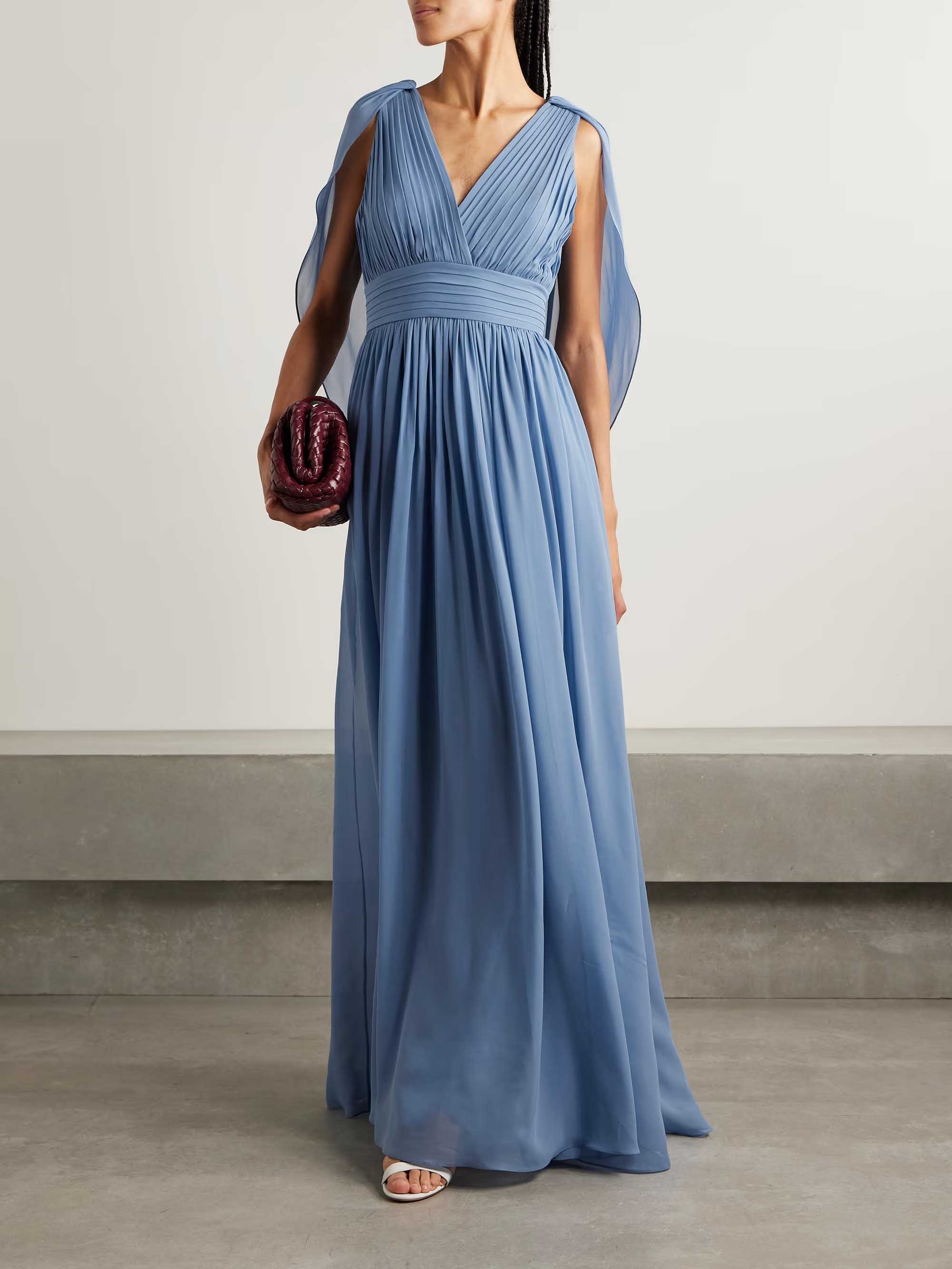Elegant V-neck Cape Pleated Maxi Dress