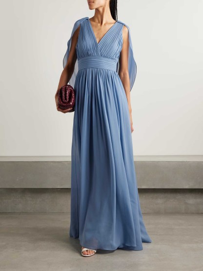 Elegant V-neck Cape Pleated Maxi Dress
