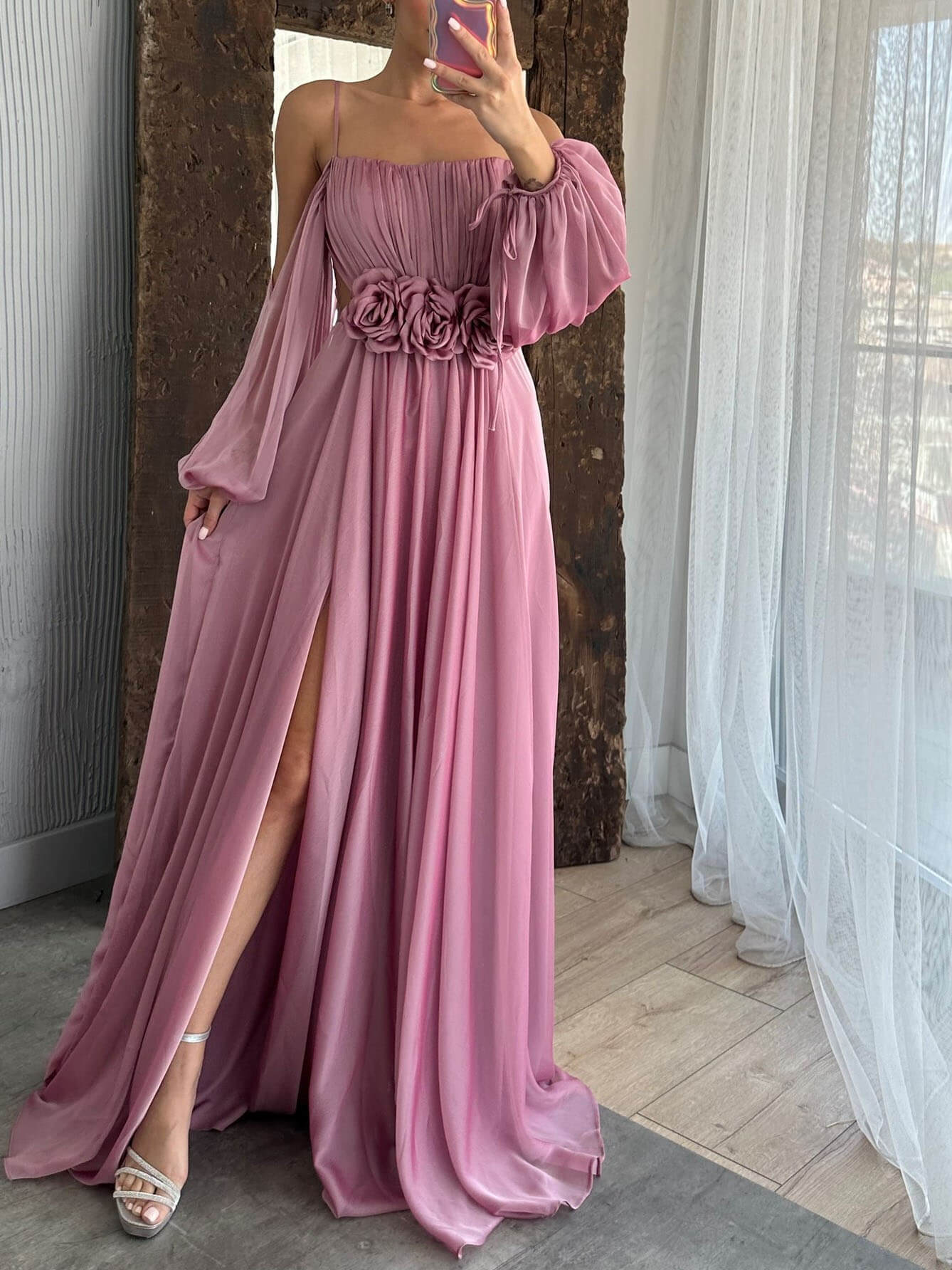 Drawstring Puff Sleeve Dress With Floral Detailing