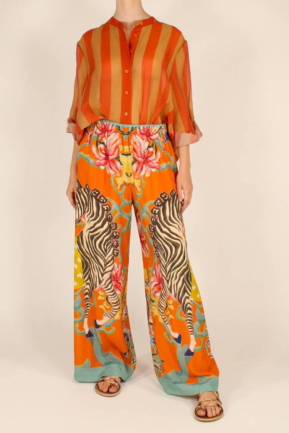 Stripe Button‑Front Shirt & Zebra Floral Print Wide‑Leg Pants Two‑Piece Set