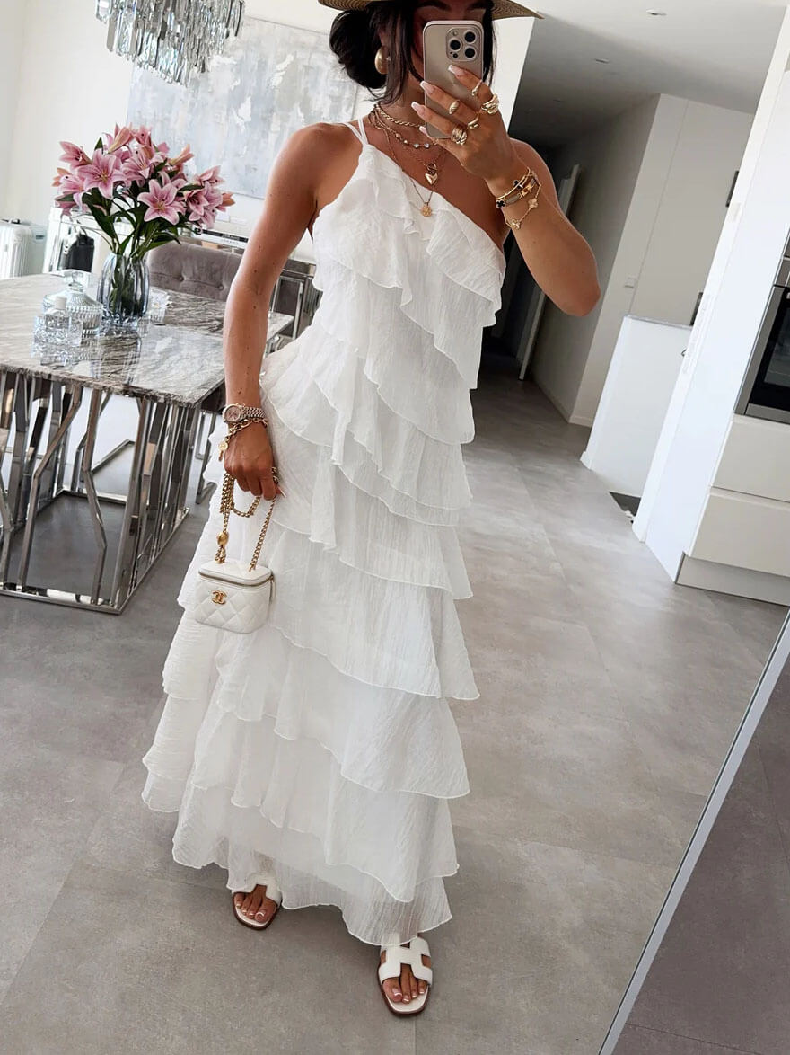 One-Shoulder Flowing Ruffle Dress
