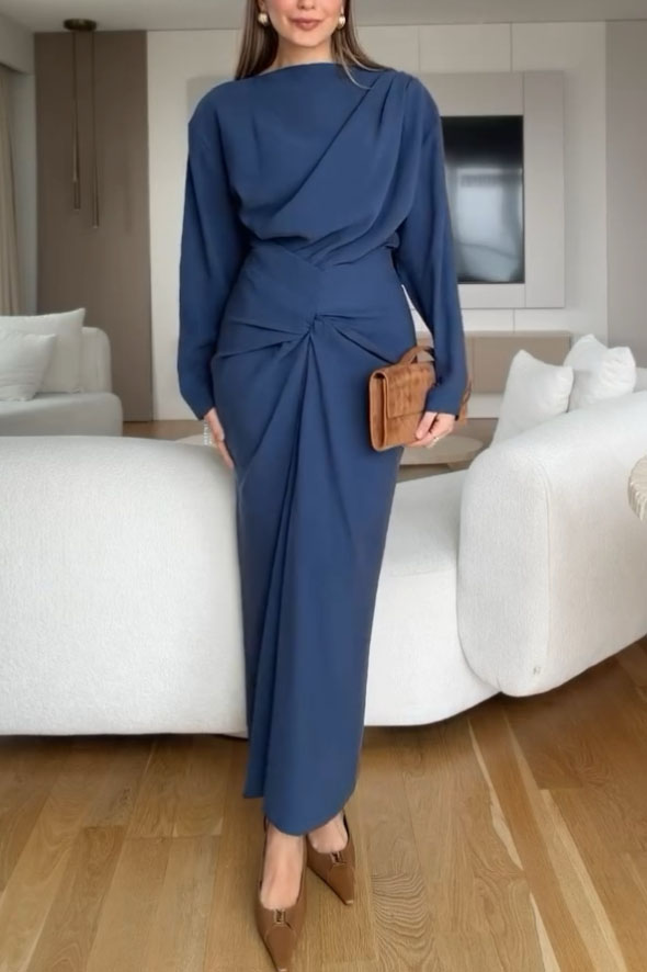 Boat Neck Pleated Slim Fit Maxi Dress