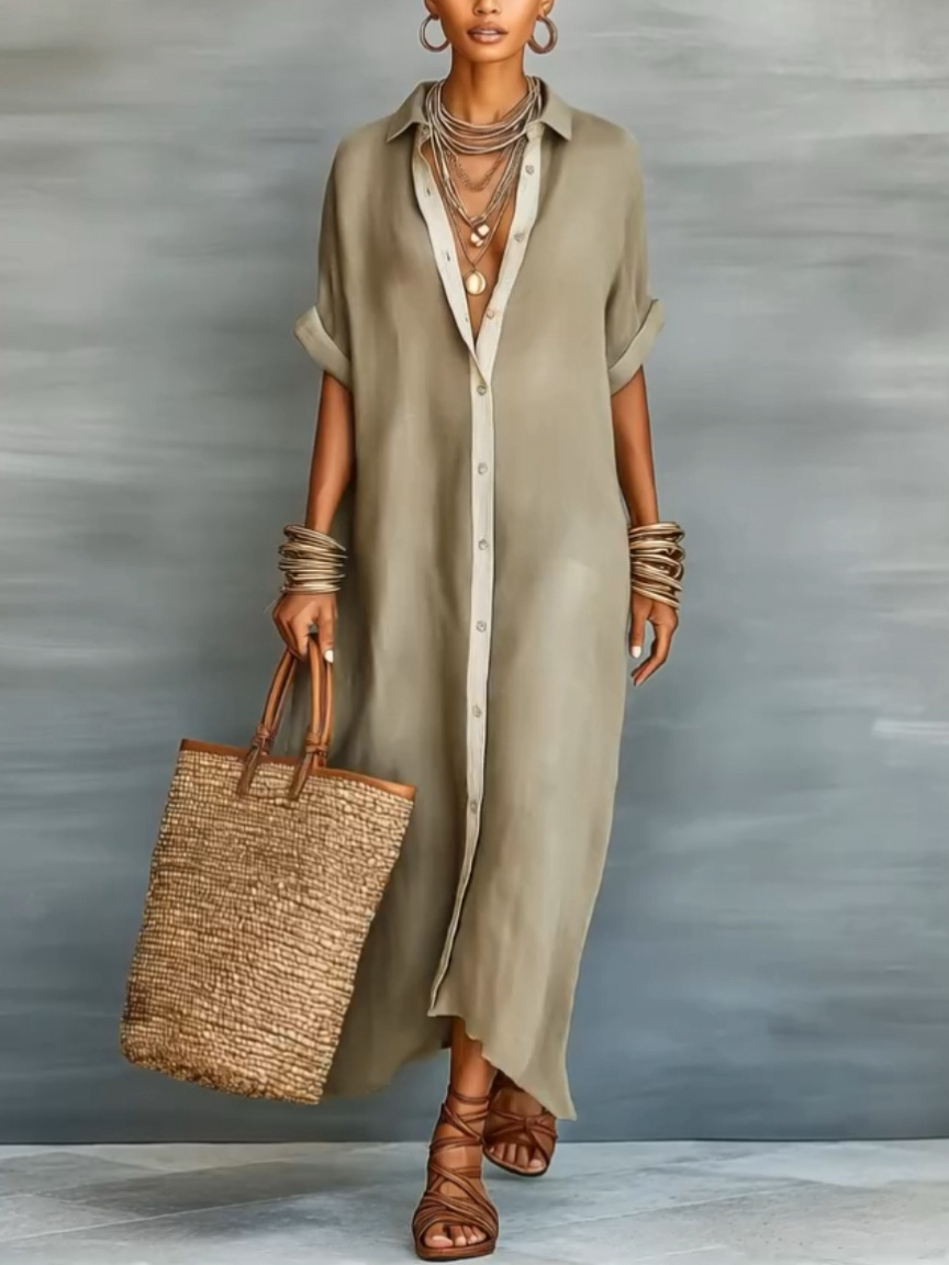 Color Contrast Loose Maxi Shirt Dress