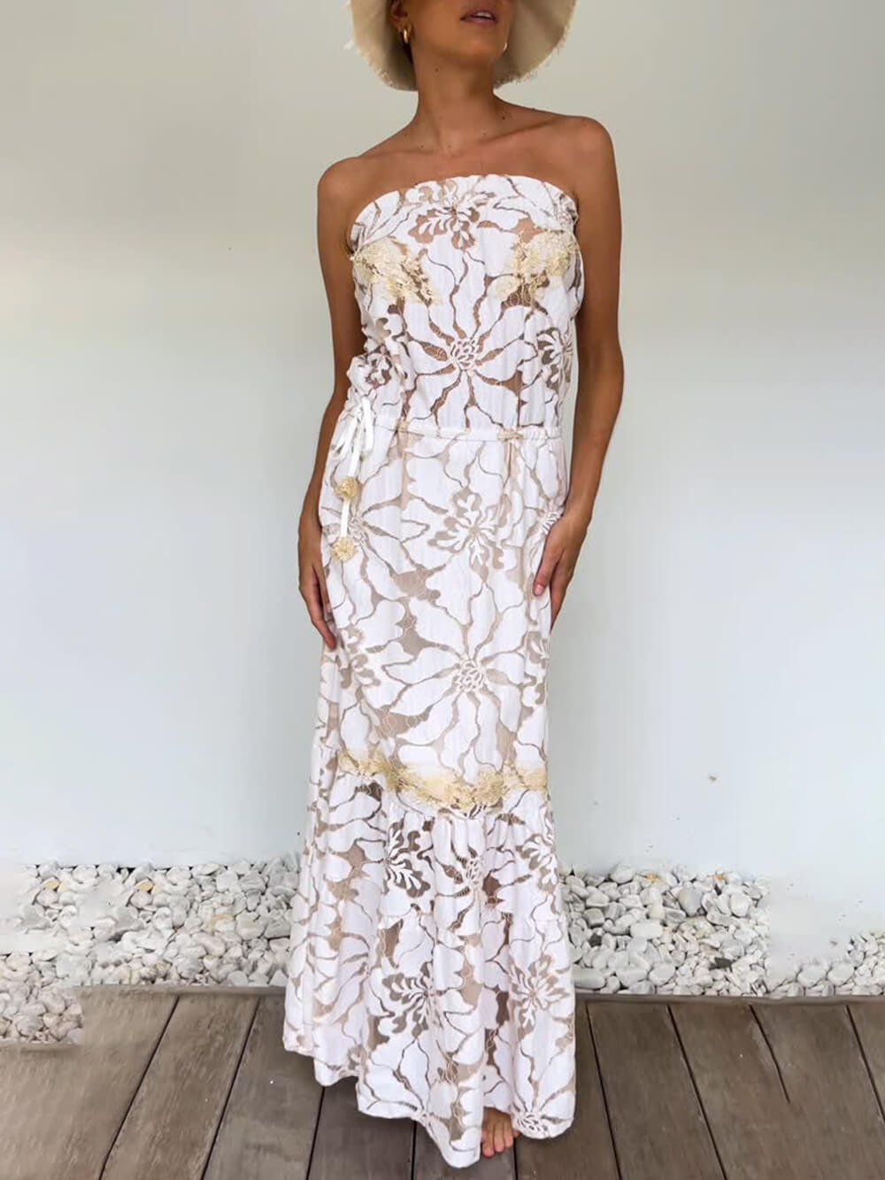 Elegant Ruffled Lace Strapless Stretch Maxi Dress