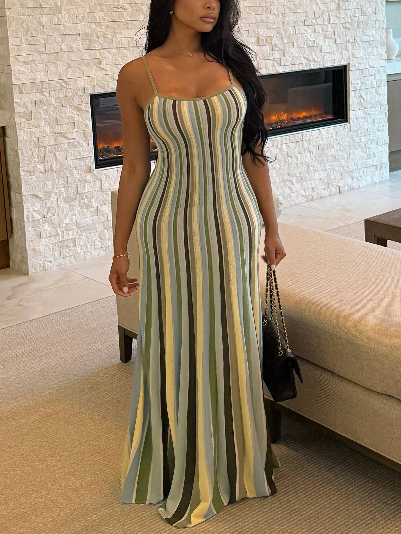 Striped Knit Sling Maxi Dress