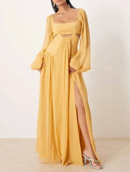 Vintage Square Collar Hollow Design Long Sleeve Maxi Dress