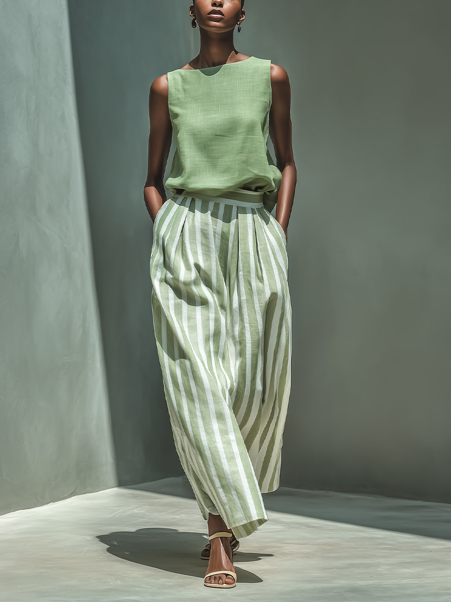 Casual Striped Two-Piece Set With Wide-Leg Pants
