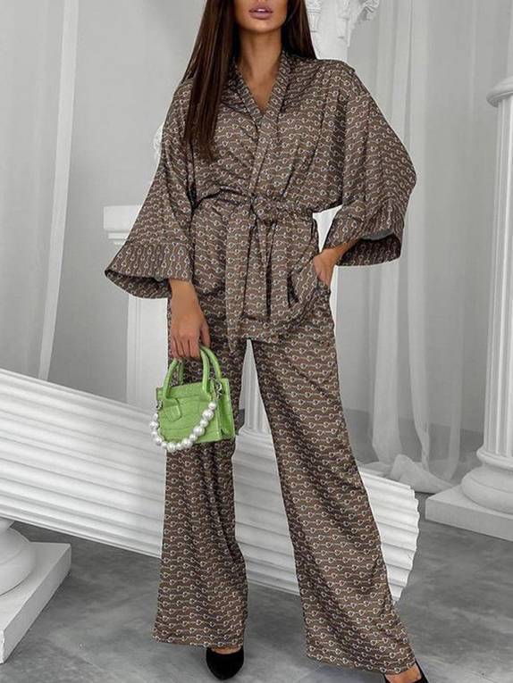 Printed Cardigan Nightgown Pants Home Wear