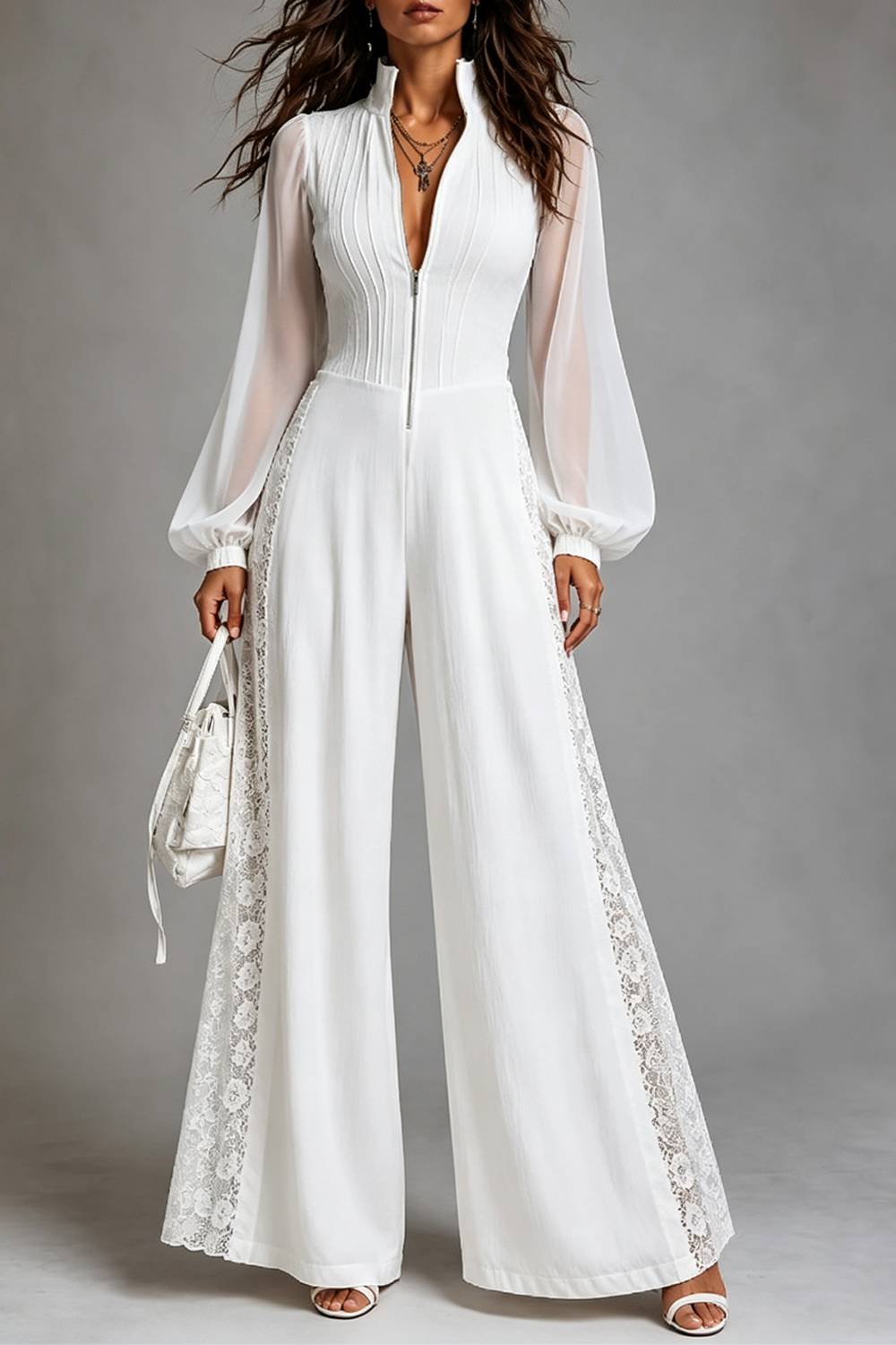 Stand Collar Zip Front Sheer Long Sleeve Lace Panel Wide Leg Jumpsuit