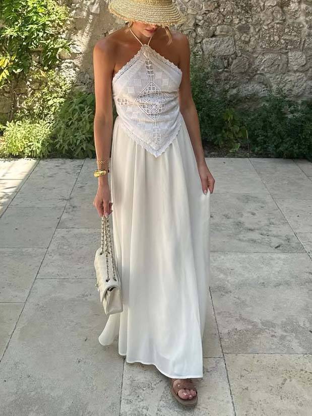 Halter Neck Backless Lace Top And Skirt Set-Skirt