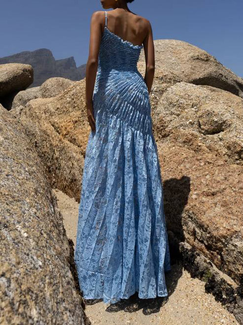 Elegant One-Shoulder Pleated Lace Maxi Dress