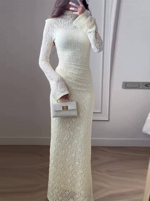 Lace Pleated Long Sleeve Maxi Dress