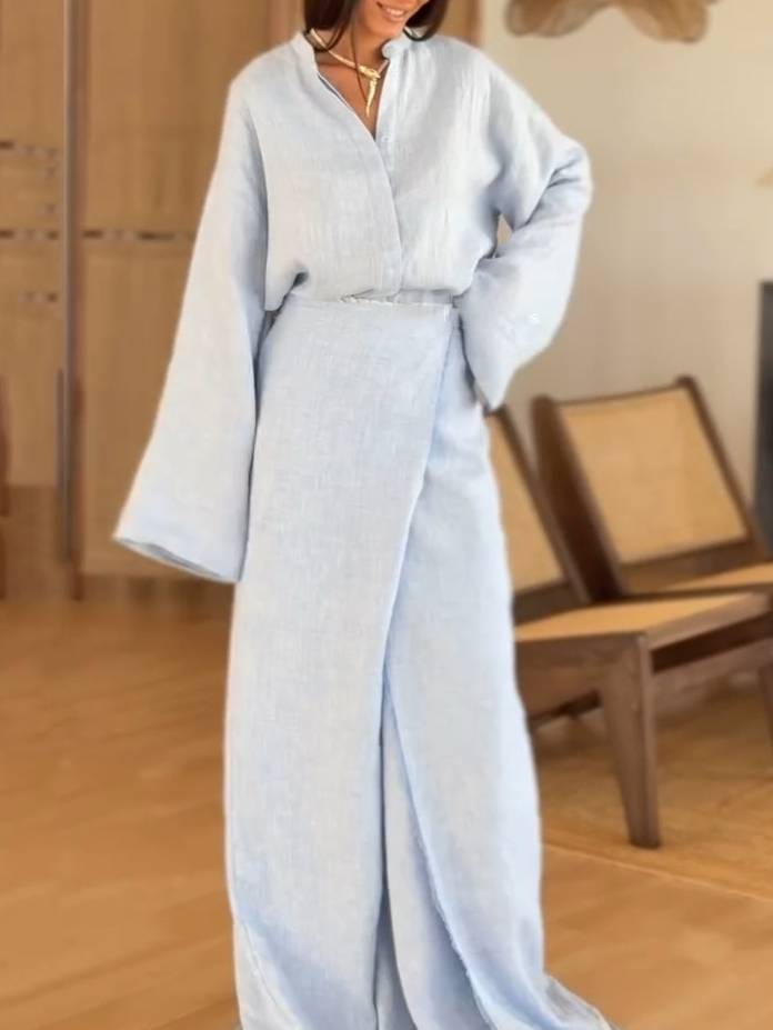 Stand Collar Shirt And Lace-up Skirt Suit